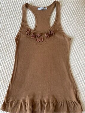 Ribbed Racerback Tank with Rosette Trim - Brown